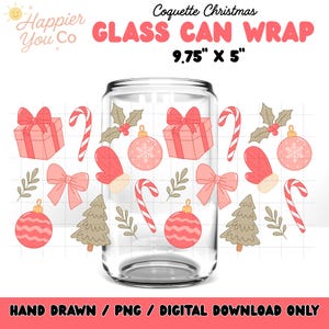 Coquette Christmas 16 oz Glass Can Wrap PNG Libbey Glass Can Wrap Template Sublimation Design UVDTF Commercial Use Girly PNG Christmas Gift