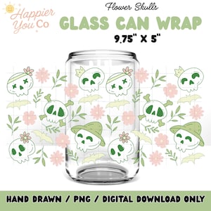 Floral Skulls Coquette Halloween 16 oz Libbey Glass Can Wrap PNG, Spooky Cute Halloween Cup Wrap PNG, Commercial License, Sublimation UVDTF