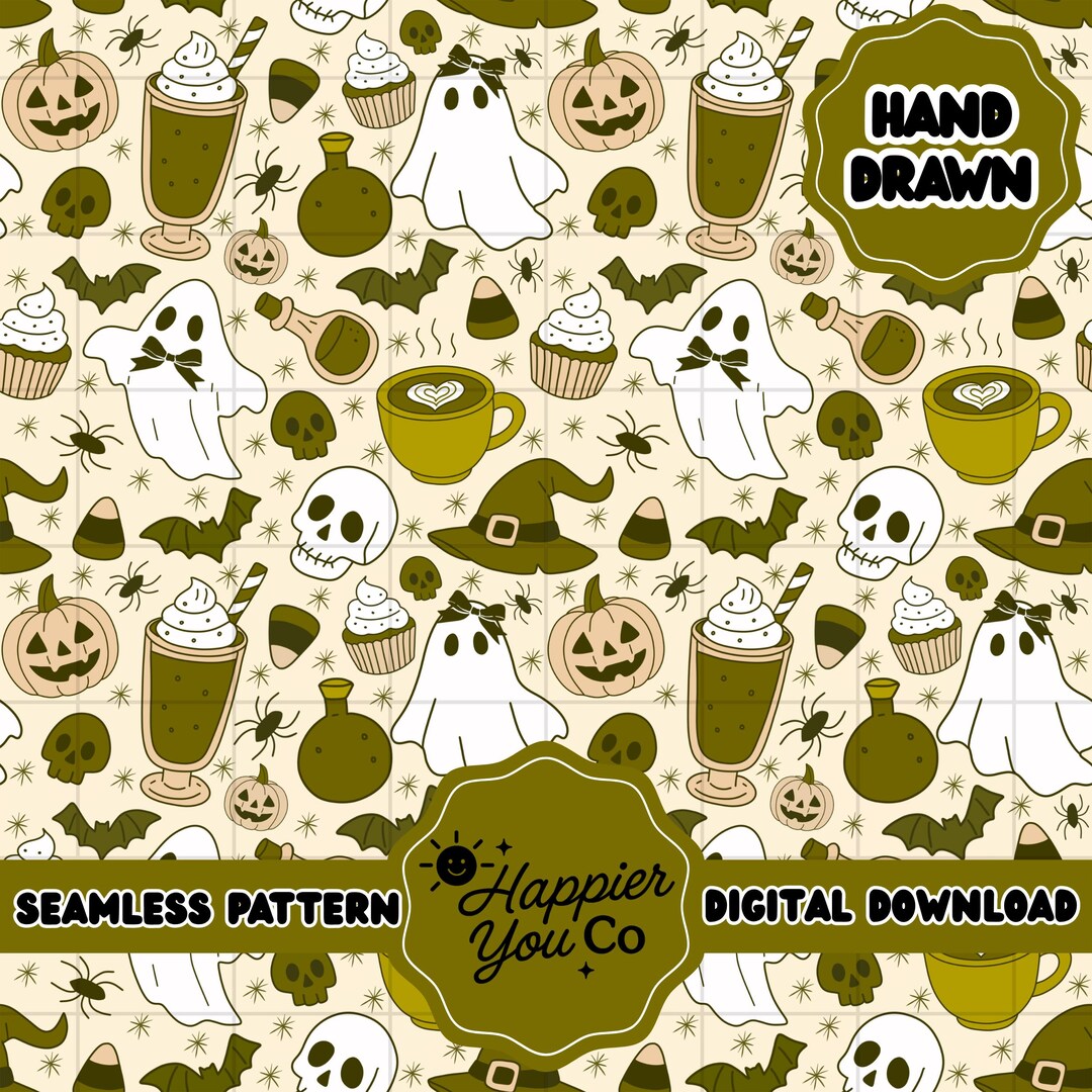 Matcha Halloween Cute Ghosts Seamless Pattern Printable Digital Paper ...