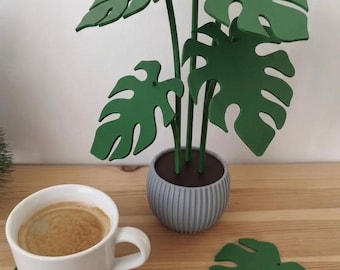Monstera Leaf Coaster Set, Modern Plant Decor, Choice of Pot Color