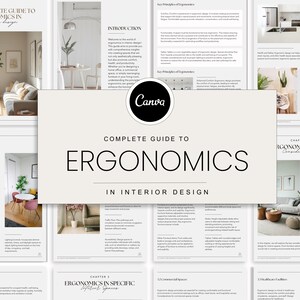 Pode incluir: Um guia completo sobre ergonomia em design de interiores. A capa apresenta o logotipo da Canva e o título em uma fonte moderna. O guia inclui informações sobre considerações de design ergonômico.