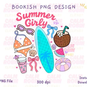 Summer Girly PNG | Aesthetic Beach Clipart for Stickers & Journals | Bookish PNG Design | Commercial Use | Instant Download
