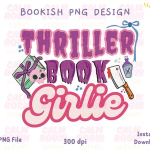 Thriller Book Girlie PNG | Creepy Cute Bookish Sticker Clipart | True Crime Reader Design | Commercial Use | Instant Download