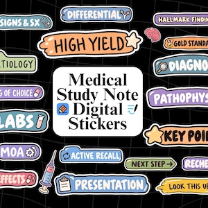 May include: A collection of colorful digital stickers for medical study notes, featuring text labels like High Yield, Etiology, Diagnosis, Labs, and Pathophys, accompanied by icons of a stethoscope, brain, syringe, and pills on a black grid background.
