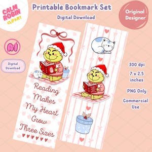 Peut inclure: Ensemble de marque-pages imprimables avec deux marque-pages. Chaque marque-page présente un personnage ressemblant au Grinch lisant un livre, portant un bonnet et un pull de Père Noël. Un marque-page porte le texte "Reading Makes My Heart Grow Three Sizes". Chaque marque-page mesure 17,78 x 6,35 cm.
