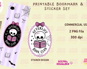 Skeleton Bookmark & Sticker PNG Set: Spooky Book Club Clipart (Commercial Use, Instant Download