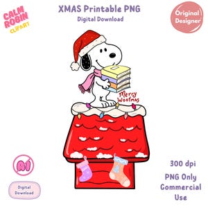 May include: A digital download PNG featuring Snoopy wearing a Santa hat and scarf, holding books, and standing on his red doghouse. The image includes the text "Merry Woofmas" and is labeled "XMAS Printable PNG".