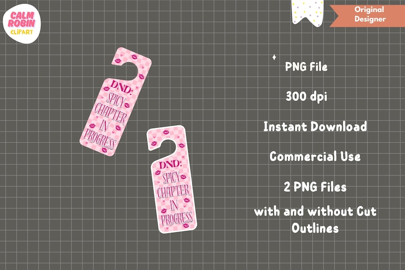 May include: Two pink door hangers with a lip pattern and the text "DND: Spicy Chapter in Progress." The door hangers are designed for Dungeons and Dragons enthusiasts. The image also includes information about the PNG file, instant download, and commercial use.