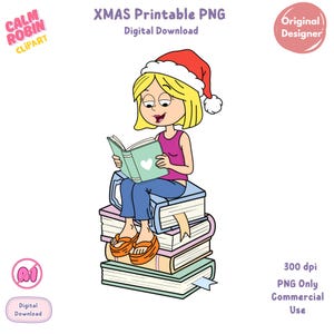 May include: A cartoon illustration of a person wearing a Santa hat, reading a book while sitting on a stack of books. The book has a heart on the cover. The image includes the text "XMAS Printable PNG" and "Digital Download".