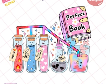 Op de afbeelding: Een digitale illustratie met laboratoriumflessen met de labels "Spice", "Good Plot", "Book Boyfriend" en "Angst". Een boek met de titel "Perfect Book" giet in een glas. Tekst: "Printable PNG", "Digital Download" en "Commercial Use."