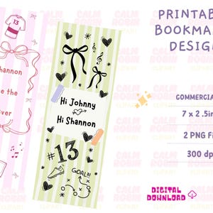Può includere: Design di segnalibro stampabile con una combinazione di colori rosa e verde. Il design include il testo "Shannon like the River" e "Hi Johnny Hi Shannon". Il segnalibro misura 17,8 x 6,4 cm.