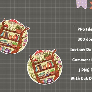 Puede incluir: Una pegatina caprichosa con un dise&ntilde;o de estanter&iacute;a redonda con libros, plantas y setas. La pegatina tiene un fondo verde claro y el texto "CALM ROBIN CLIPART". El dise&ntilde;o incluye el texto "PNG File", "300 dpi", "Instant Download", "Commercial Use" y "1 PNG File With Cut Outlines".