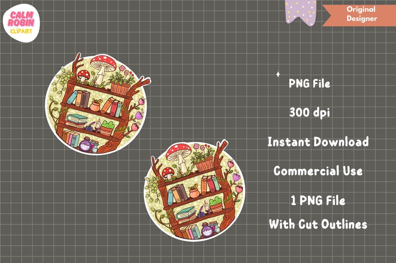 Puede incluir: Una pegatina caprichosa con un dise&ntilde;o de estanter&iacute;a redonda con libros, plantas y setas. La pegatina tiene un fondo verde claro y el texto "CALM ROBIN CLIPART". El dise&ntilde;o incluye el texto "PNG File", "300 dpi", "Instant Download", "Commercial Use" y "1 PNG File With Cut Outlines".