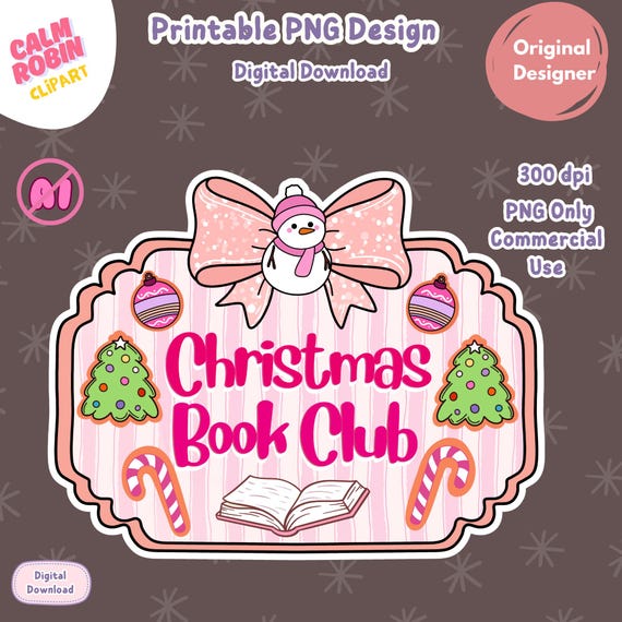 Christmas Book Club Sticker PNG: Snowman, Bookish Ornaments (Digital Download)