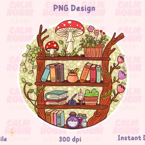 Puede incluir: Ilustraci&oacute;n de una estanter&iacute;a de madera con libros, plantas y setas. El dise&ntilde;o incluye una seta grande, una planta en maceta y varios libros. El texto "PNG Design" es visible.