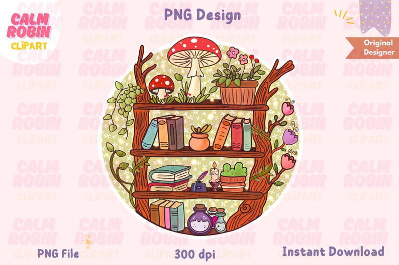 Puede incluir: Ilustraci&oacute;n de una estanter&iacute;a de madera con libros, plantas y setas. El dise&ntilde;o incluye una seta grande, una planta en maceta y varios libros. El texto "PNG Design" es visible.