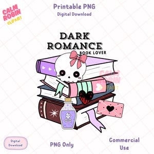 May include: A digital graphic of a stack of books with a skull, a poison bottle, and an envelope. The books are in shades of purple, pink, and brown. The skull has a pink bow. The text "DARK ROMANCE BOOK LOVER" is at the top.