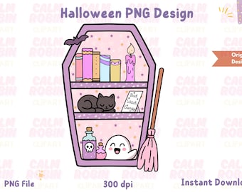 Kawaii Halloween Bookshelf Clipart: Pastel Witchy Ghost PNG (Digital Download)