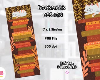 Cozy Cat Bookmark PNG: Fall Book Stack Clipart (Commercial Use, Digital Download, 7x2.5 inches