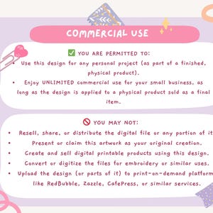 Puede incluir: Gr&aacute;fico rosa y morado con texto sobre permisos de uso comercial. El texto indica lo que est&aacute; permitido y lo que no, incluido el uso personal y para peque&ntilde;as empresas. Elementos decorativos: clip, corazones y motivos florales.