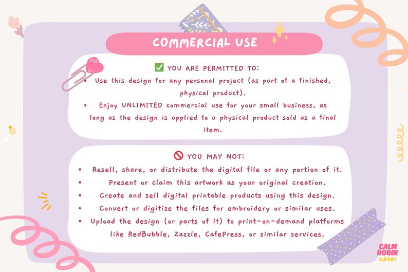 Puede incluir: Gr&aacute;fico rosa y morado con texto sobre permisos de uso comercial. El texto indica lo que est&aacute; permitido y lo que no, incluido el uso personal y para peque&ntilde;as empresas. Elementos decorativos: clip, corazones y motivos florales.