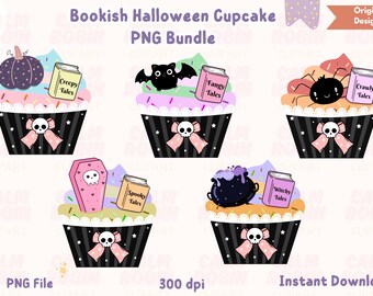 Bookish Halloween Cupcake PNG Bundle: Spooky Pastel Goth Clipart (Commercial Use, Digital Download