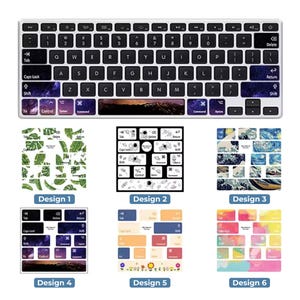 May include: A white keyboard with black keys and several keycap design options. Designs include tropical leaves, line art, a starry night, and colorful abstract patterns. The keyboard has a standard QWERTY layout.