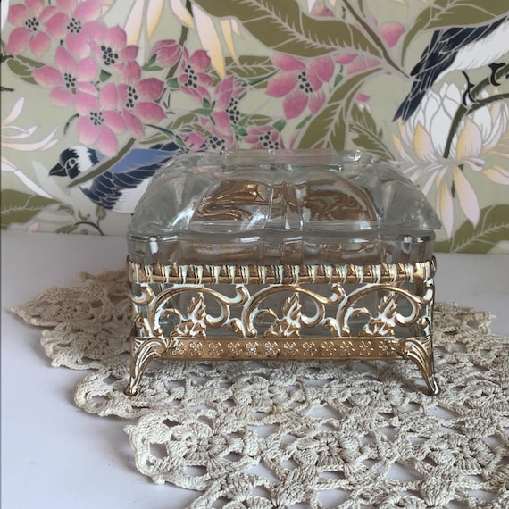Gold Ormolu Filigree Jewelry Box | Bubble Glass Trinket Box