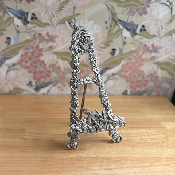 Vintage Pewter Hummingbirds Easel Stand | Metal Floral and Birds Photo Holder