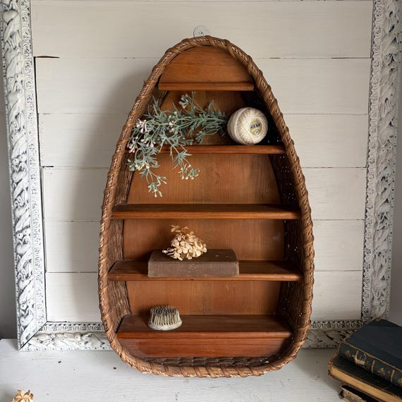Roycroft Artisan Wall Shelf, 1990s Vintage Woven Basket Wood