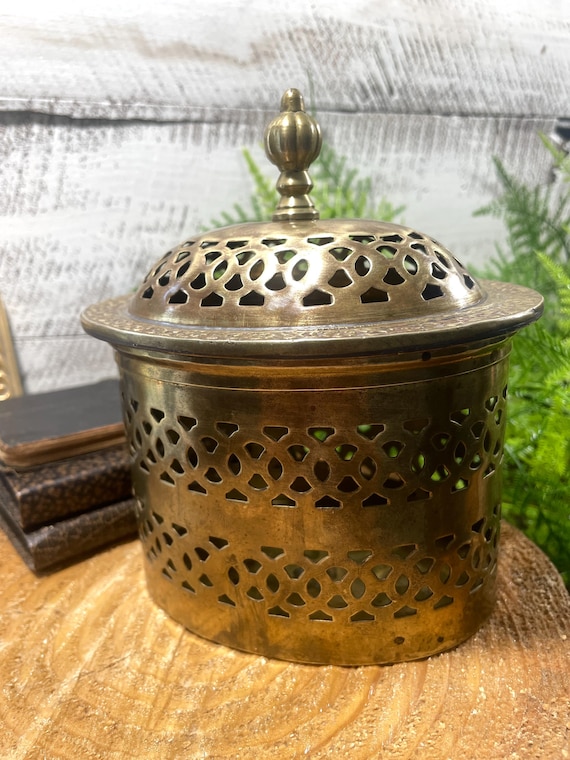 Vintage Brass Jewelry Box, Brass Cricket Box, Pierced Brass Potpourri Box, Brass Lidded Box