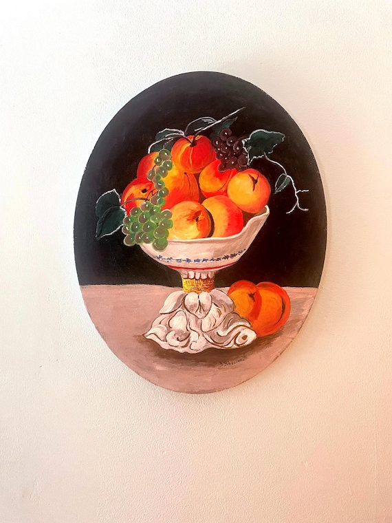 Original Still Life Painting Fruit Bowl, Signed Art Acrylic on Canvas