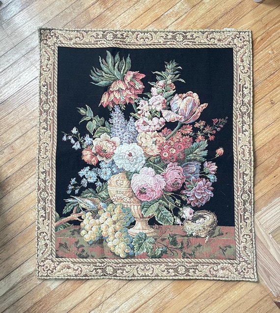 French Tapestry Still Life, Floral Bouquet Wall Hanging