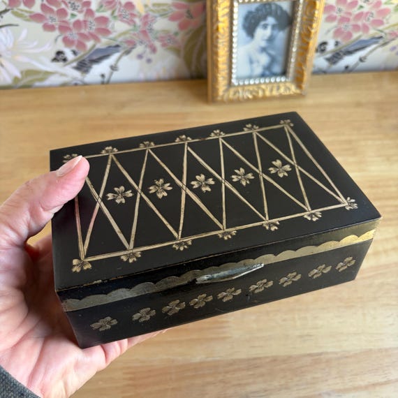 Vintage Floral Etched Metal Jewelry Box with Wood Lining and Hinged Lid