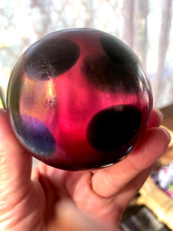 Vintage Iridescent Glass Paperweight, Dotted Murano Rainbow Colored Paperweight, Oil Spot Ladybug Patterned Glass Paperweight
