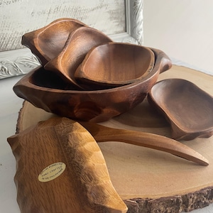 Vintage Wood Salad Snack Nut Bowl Set, Mid-Century Hors&#39;doeuvres Set, Hand Carved Wood Bowls