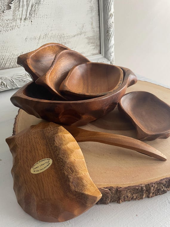 Vintage Wood Monkey Pod Wood Salad Snack Nut Bowl Set