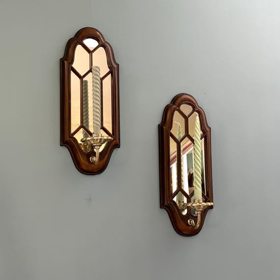 Gothic-style Mirrored Wall Sconce | Wood-look Cathedral-style and Metal Brass-look Candleholder