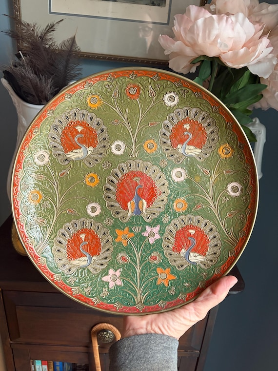 Brass Enameled Peacock Bowl | Cloisonne Brass Wall Decor