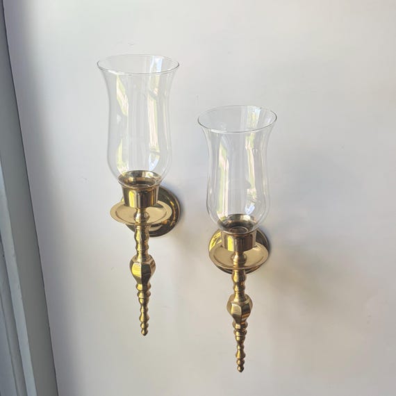Vintage Lacquered Brass Wall Sconce with Glass Hurricane Shade - Sold Individually