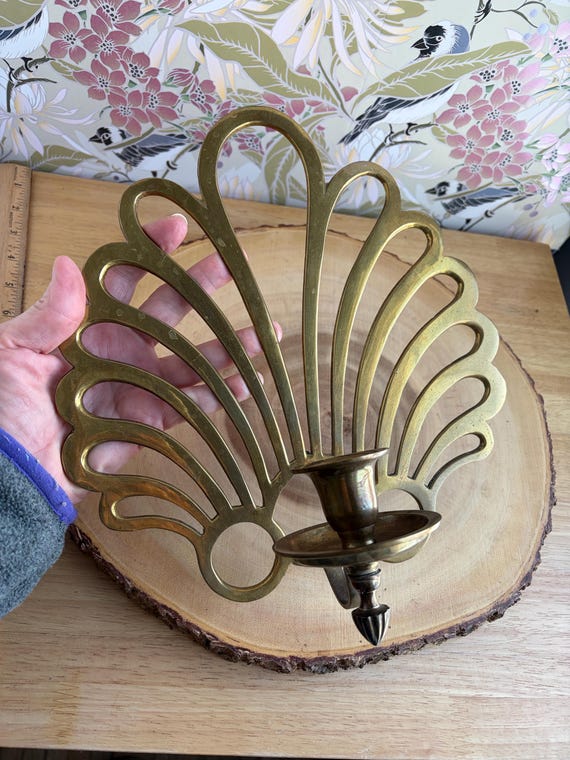 Scalloped Brass Wall Sconce, Peacock-inspired Brass Candle Holder