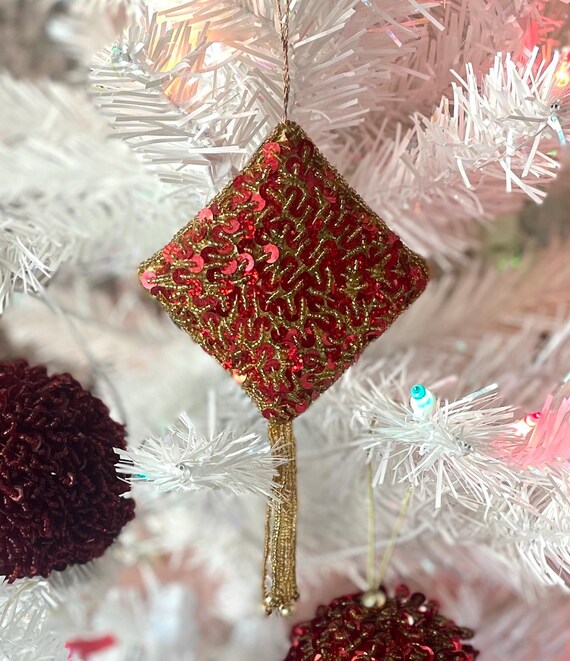 Vintage Glass Beads & Sequins Ornament, Hand Beaded Christmas Ornament with Beaded Tassel (Set of 3)