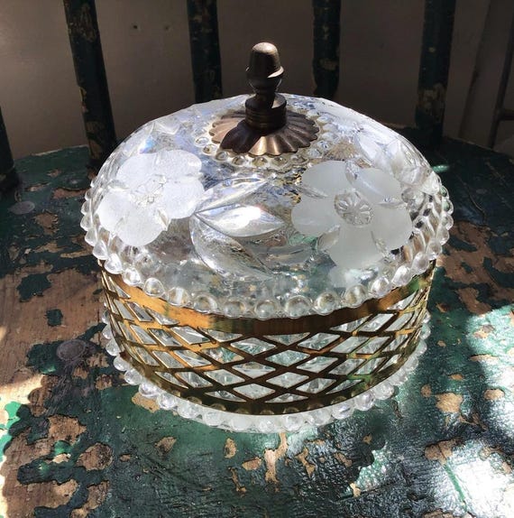 Vintage Crystal and Brass Powder Box Vanity Jar