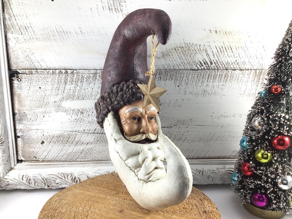 Vintage Cloth Fabric Mache Giant Santa Moon and Star Hanging Ornament