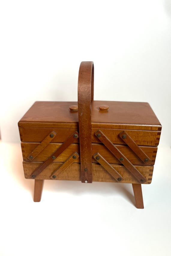Vintage Accordion-style, Fold-out Wood Sewing Storage Box