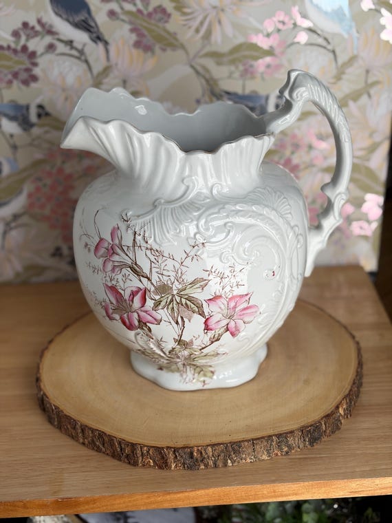 Antique Ironstone Menelik Design Water Pitcher, Victorian Ironstone Jug