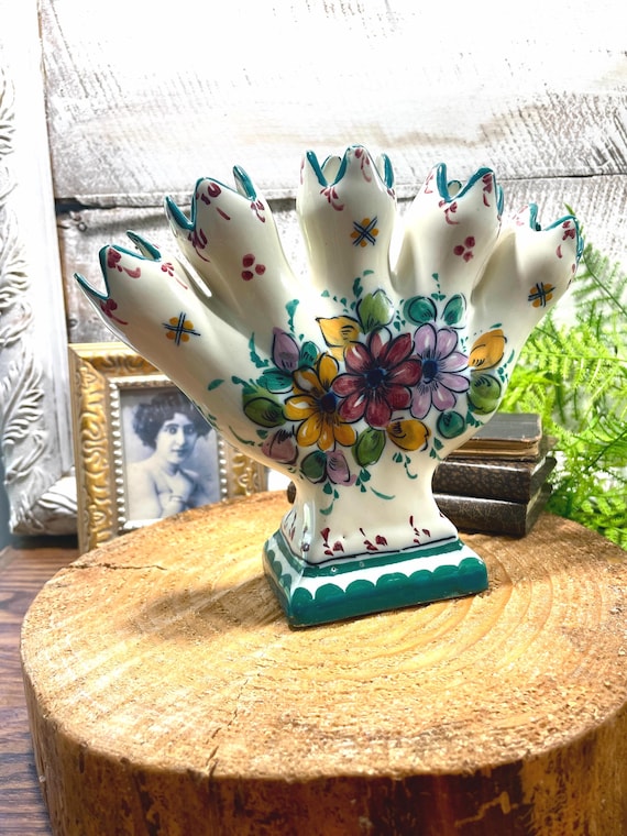 Vintage Five-fingered Vase, Hand Painted Tulipiere Made in Portugal, Hand Painted Porcelain Vase