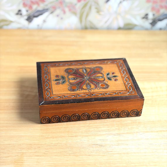 Vintage Wooden Inlaid Trinket Box | Hand Carved Germany Jewelry Box with Brass Inlay
