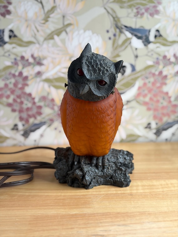 Vintage Amber Art Glass Owl Lamp | Orange Slag Glass Owl Nightlight