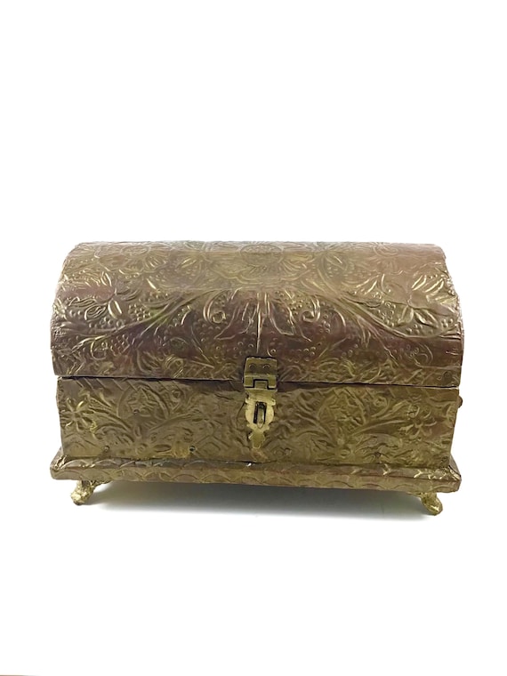 Vintage Embossed Brass Jewelry Chest, Repousse Brass Footed Box